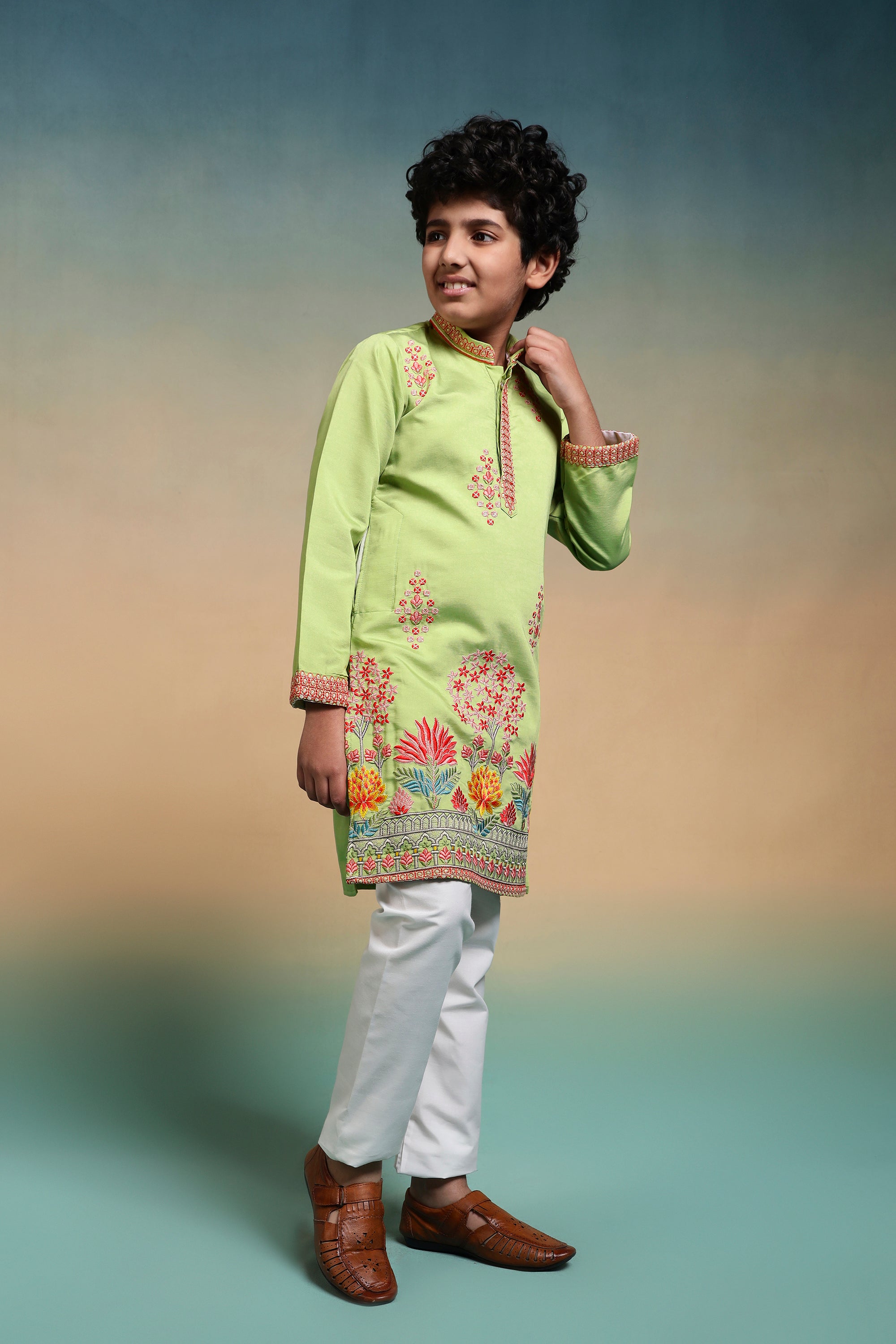 Ethnic Pista Viscose Silk Embroidered Work Kurta Set