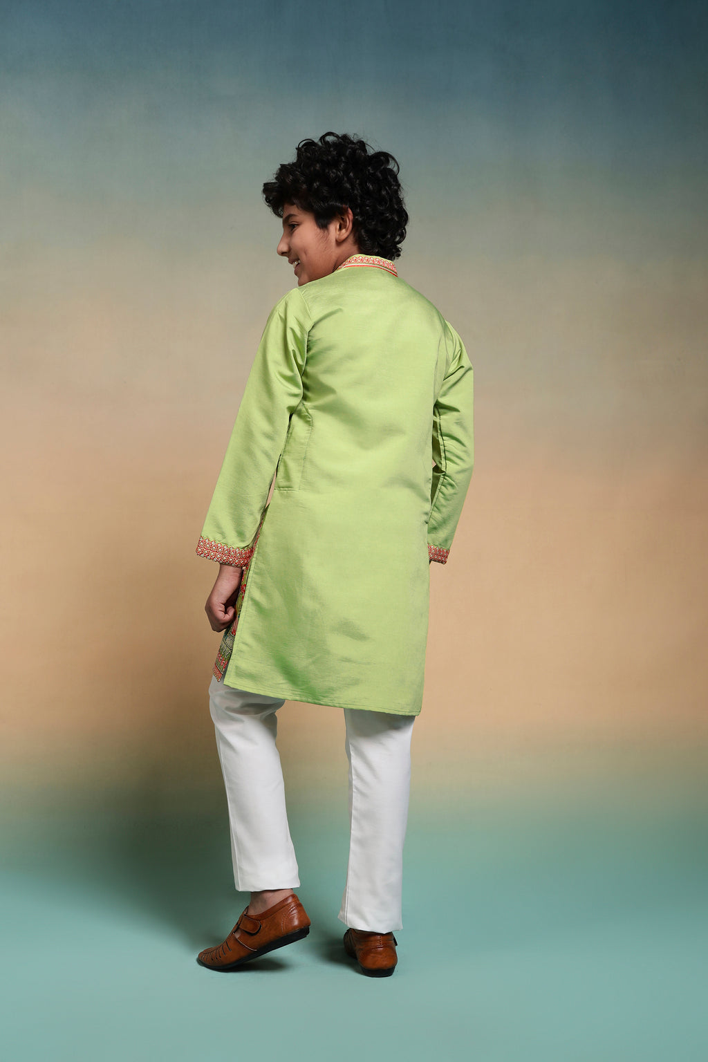Ethnic Pista Viscose Silk Embroidered Work Kurta Set