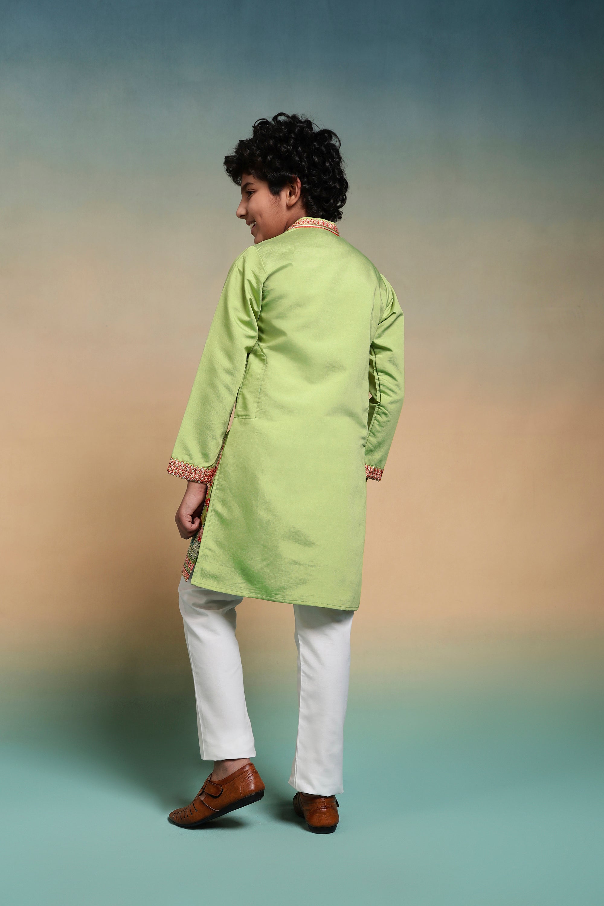 Ethnic Pista Viscose Silk Embroidered Work Kurta Set