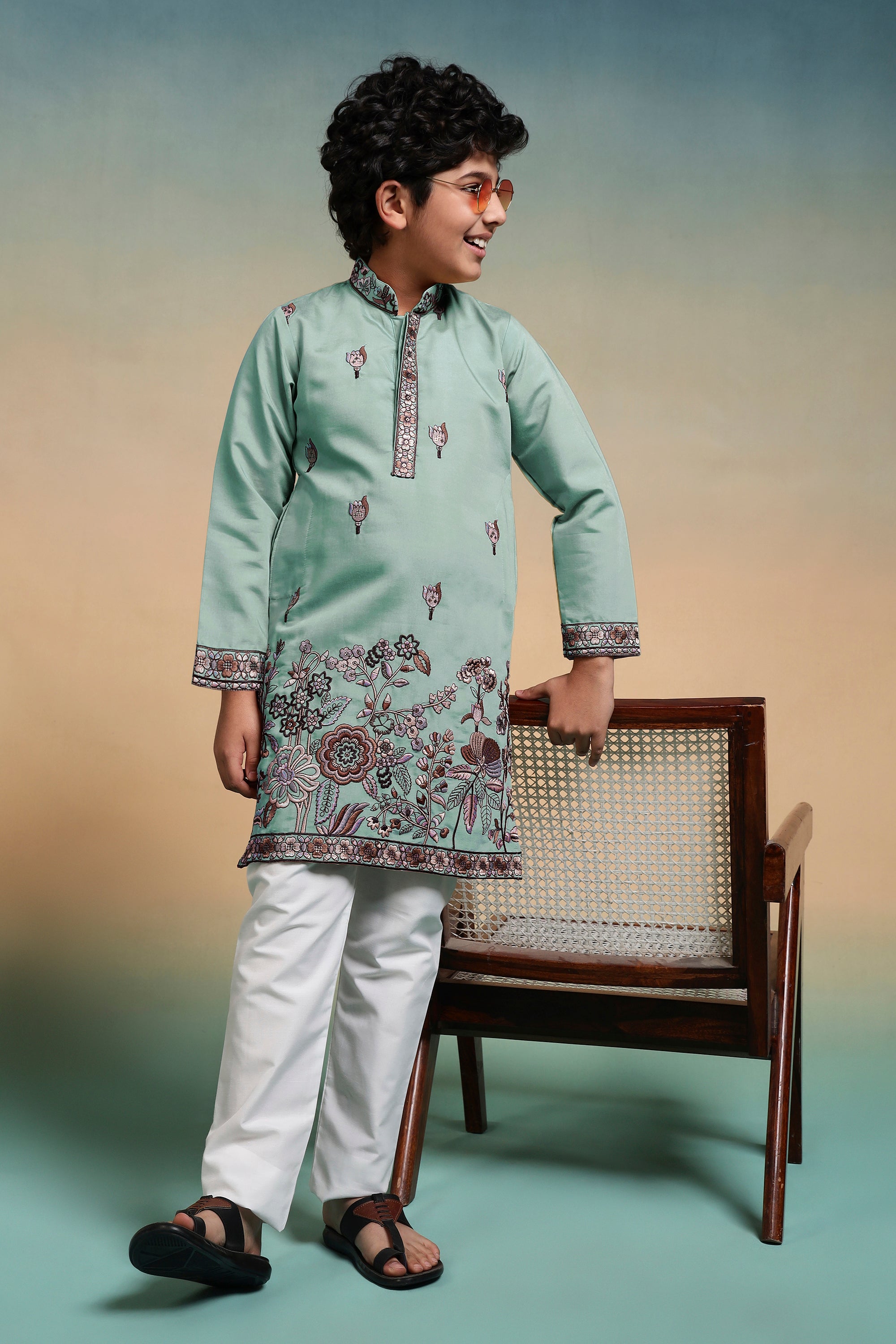 Luxury Pista Thread Sequence Embroidery Work Kurta Pant Set