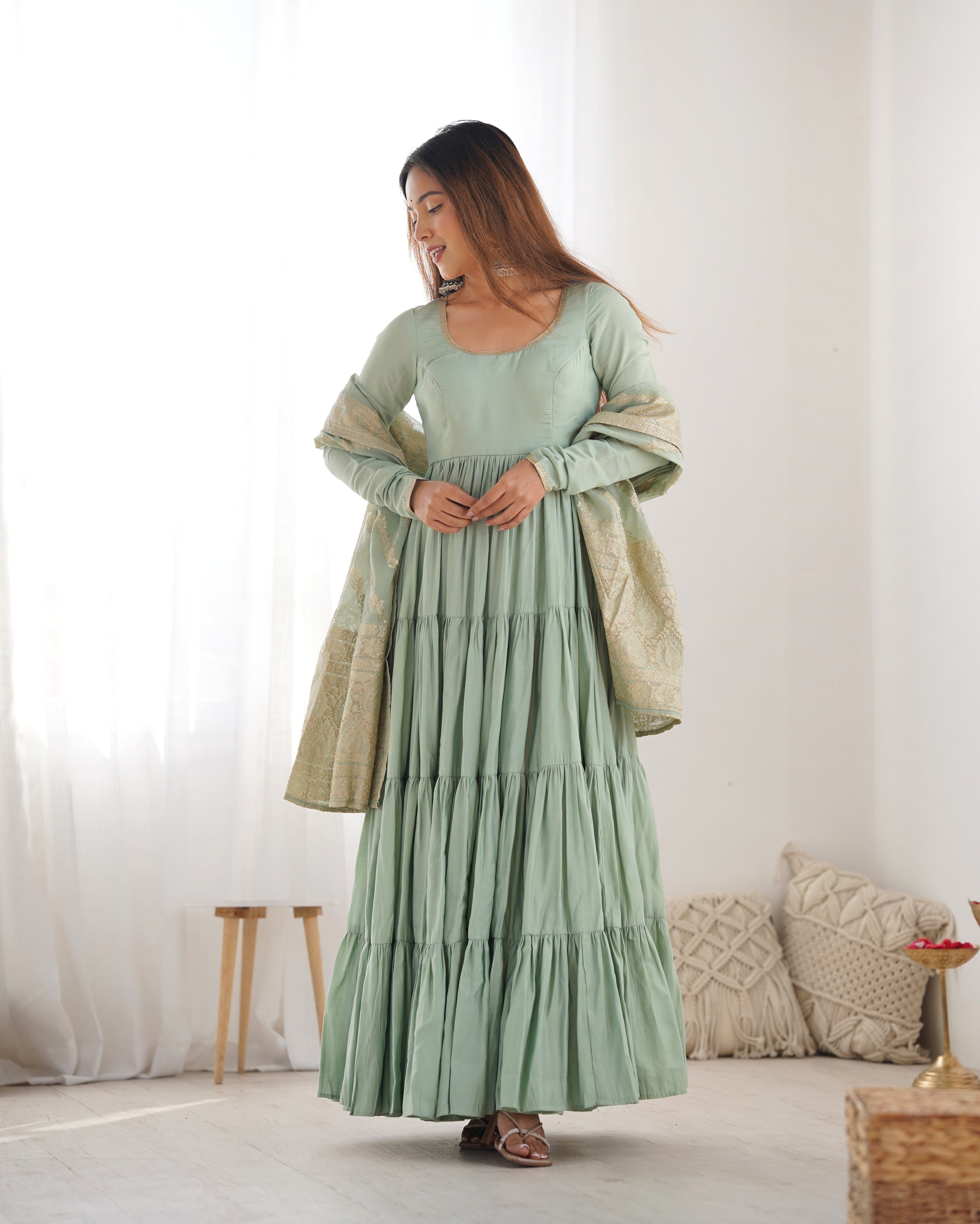 Pure Roman Silk Chanderi Fabric Fully Flared Anarkali Suit With Pent and Dupatta Set - Pista
