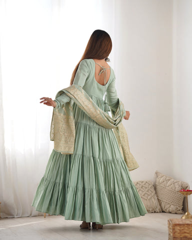 Pure Roman Silk Chanderi Fabric Fully Flared Anarkali Suit With Pent and Dupatta Set - Pista
