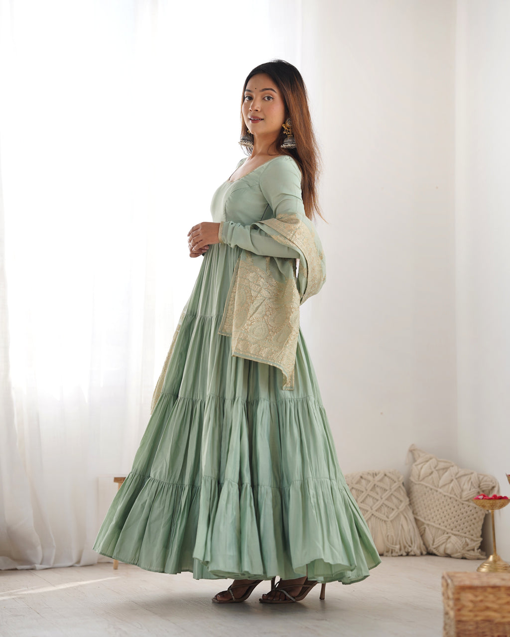 Pure Roman Silk Chanderi Fabric Fully Flared Anarkali Suit With Pent and Dupatta Set - Pista
