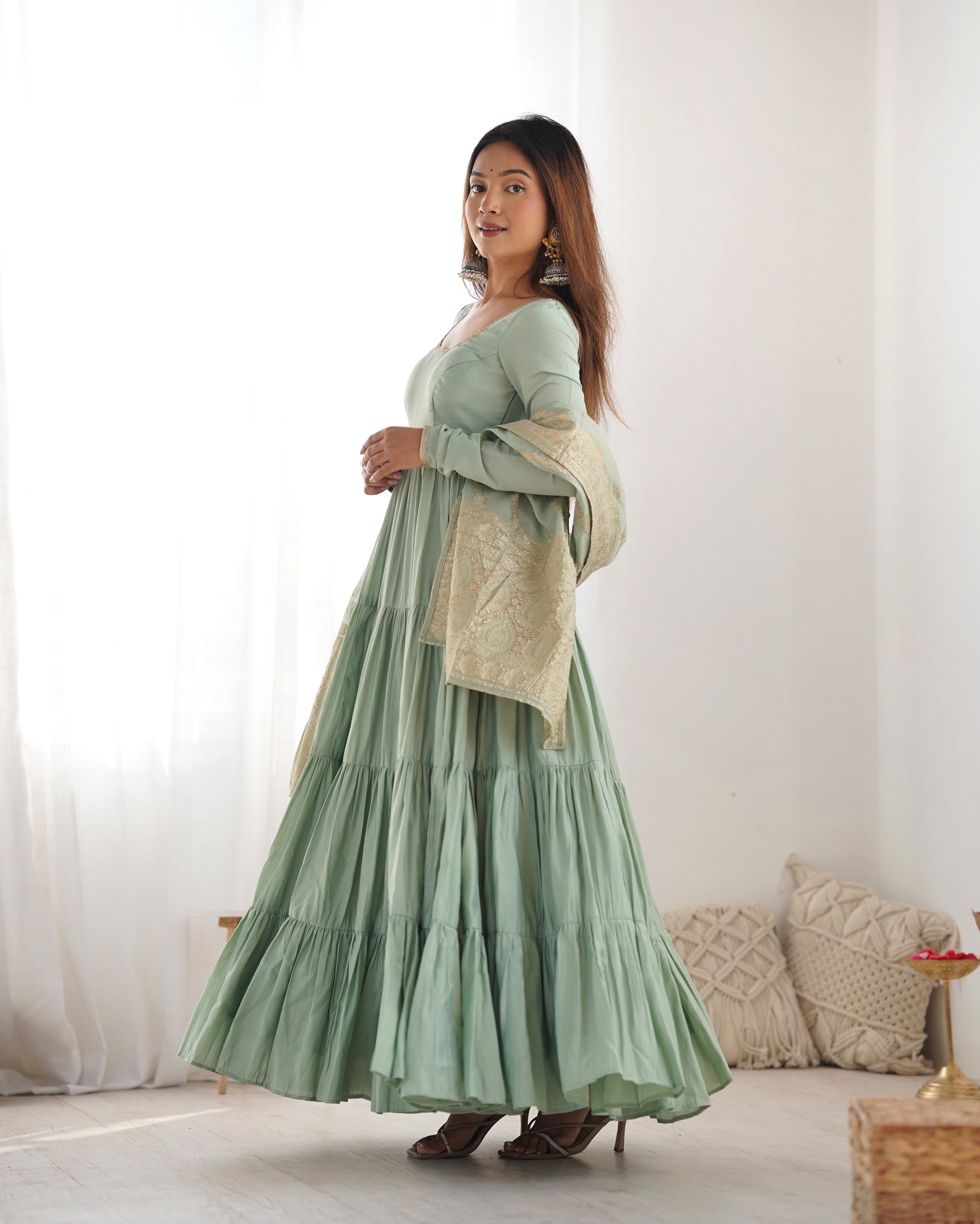 Pure Roman Silk Chanderi Fabric Fully Flared Anarkali Suit With Pent and Dupatta Set - Pista