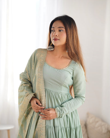 Pure Roman Silk Chanderi Fabric Fully Flared Anarkali Suit With Pent and Dupatta Set - Pista