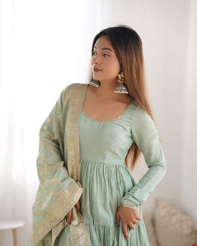 Pure Roman Silk Chanderi Fabric Fully Flared Anarkali Suit With Pent and Dupatta Set - Pista
