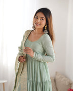 Pure Roman Silk Chanderi Fabric Fully Flared Anarkali Suit With Pent and Dupatta Set - Pista
