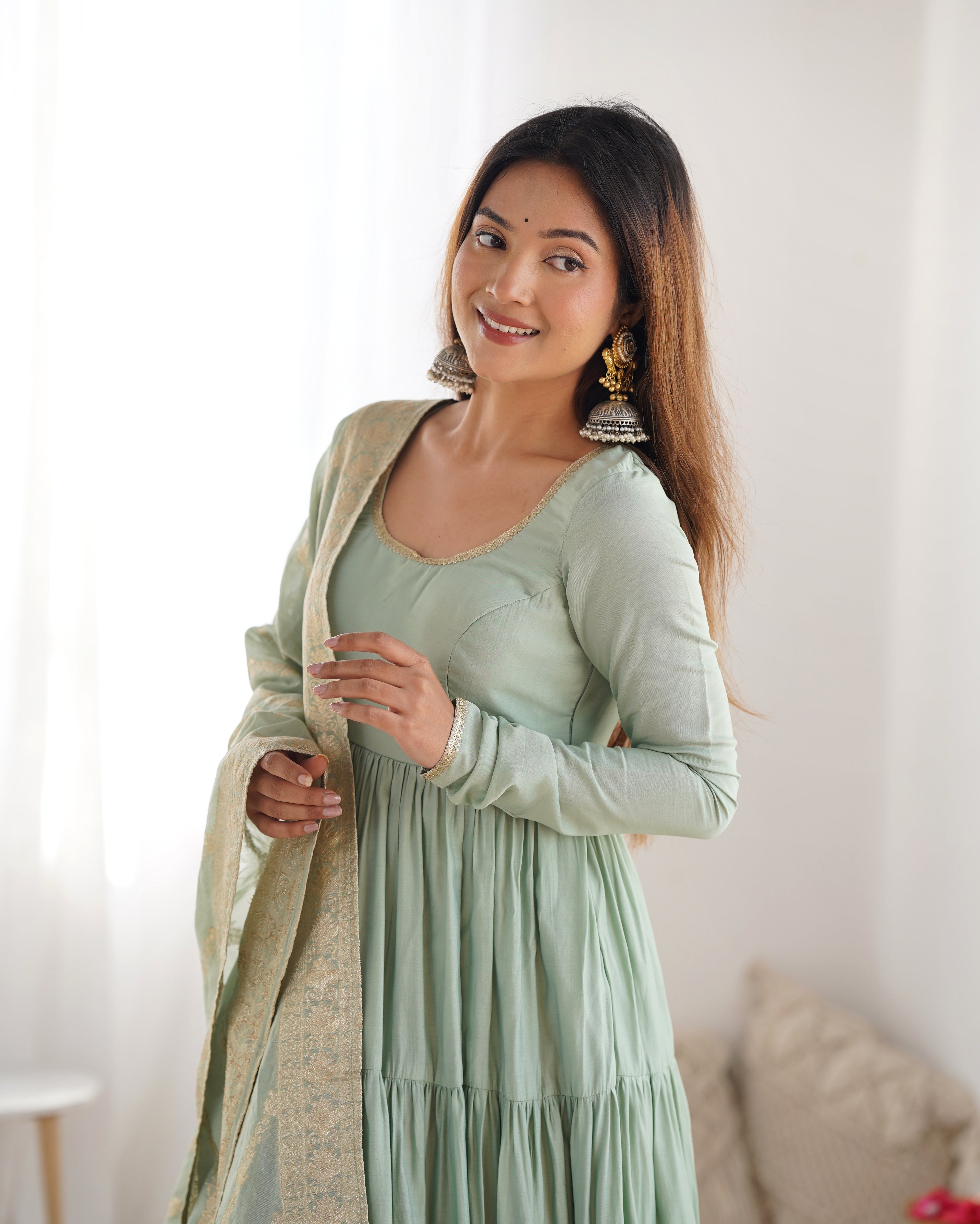 Pure Roman Silk Chanderi Fabric Fully Flared Anarkali Suit With Pent and Dupatta Set - Pista
