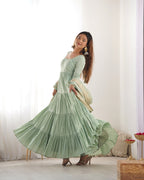 Pure Roman Silk Chanderi Fabric Fully Flared Anarkali Suit With Pent and Dupatta Set - Pista