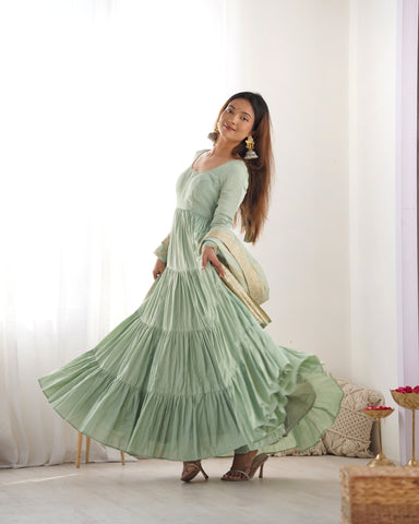 Pure Roman Silk Chanderi Fabric Fully Flared Anarkali Suit With Pent and Dupatta Set - Pista