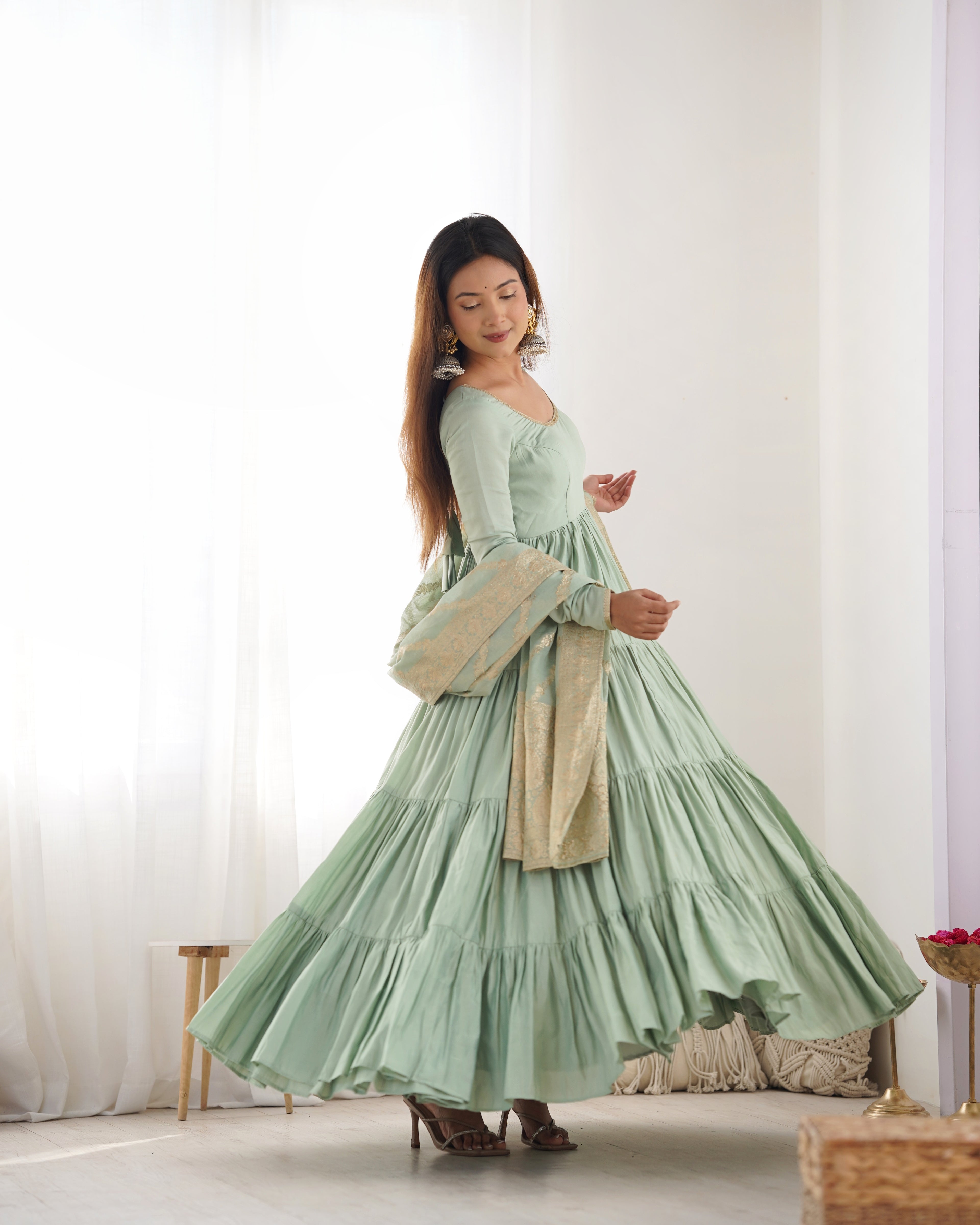 Pure Roman Silk Chanderi Fabric Fully Flared Anarkali Suit With Pent and Dupatta Set - Pista