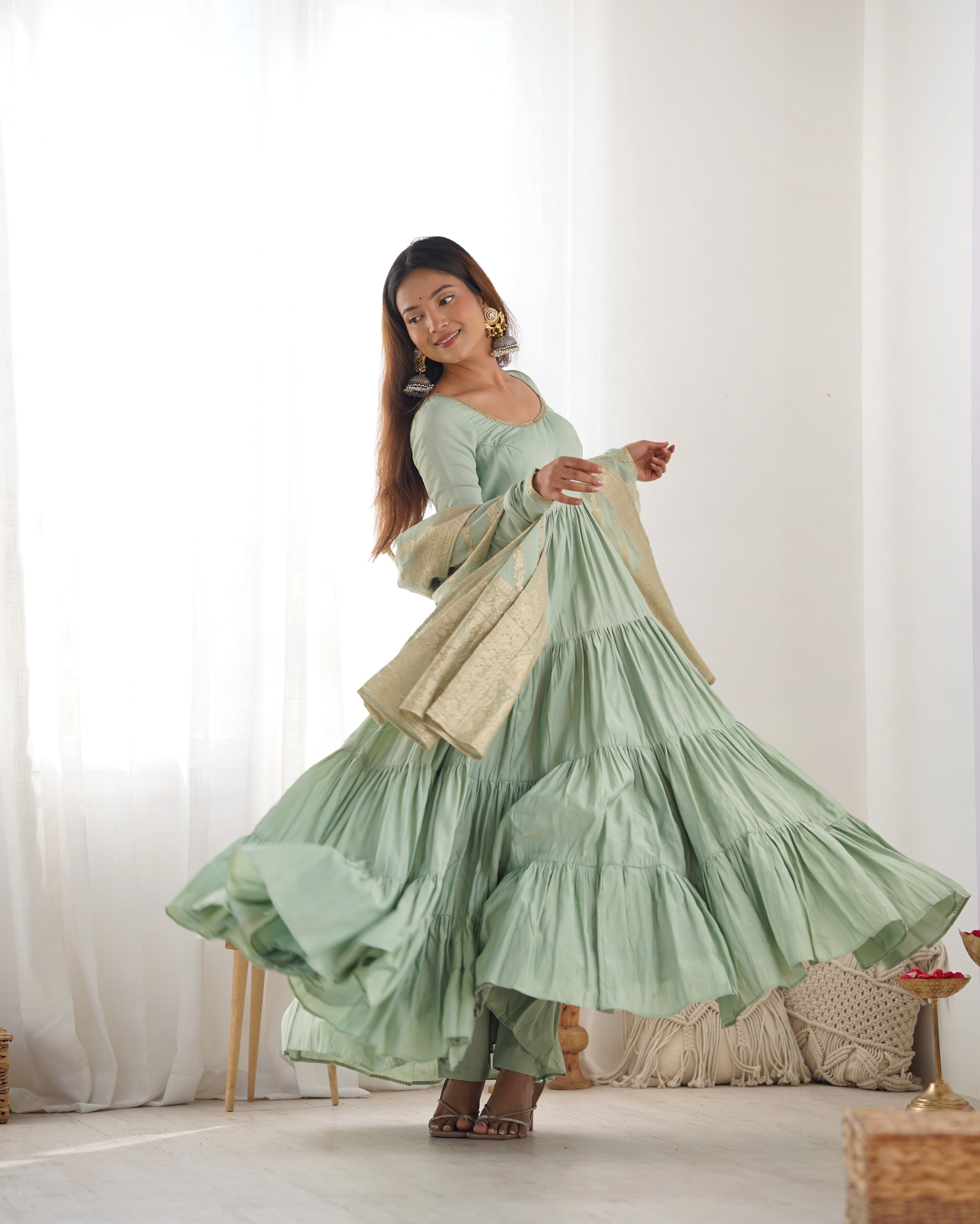 Pure Roman Silk Chanderi Fabric Fully Flared Anarkali Suit With Pent and Dupatta Set - Pista