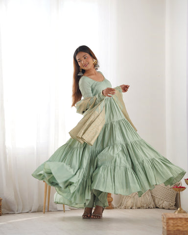 Pure Roman Silk Chanderi Fabric Fully Flared Anarkali Suit With Pent and Dupatta Set - Pista