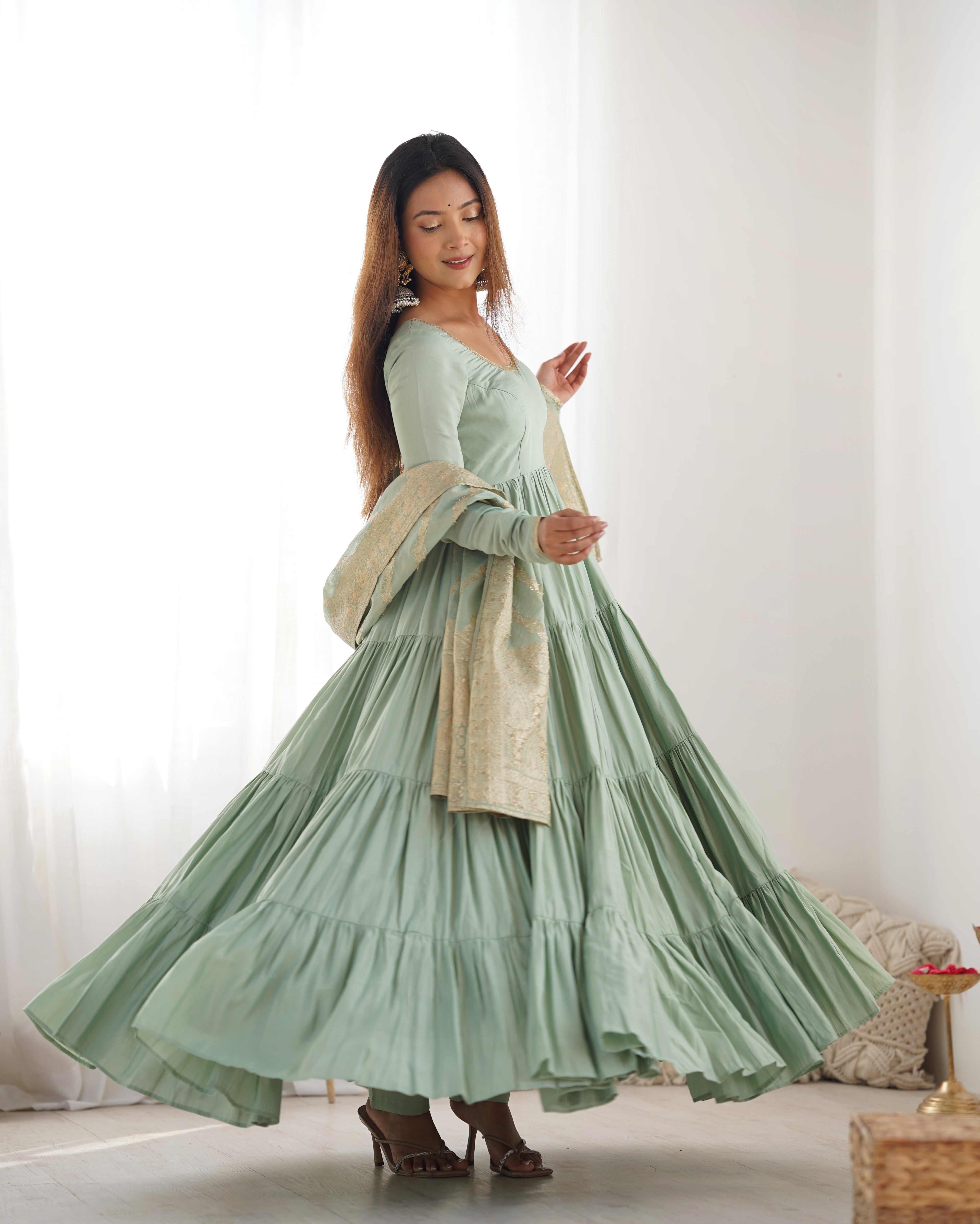 Pure Roman Silk Chanderi Fabric Fully Flared Anarkali Suit With Pent and Dupatta Set - Pista