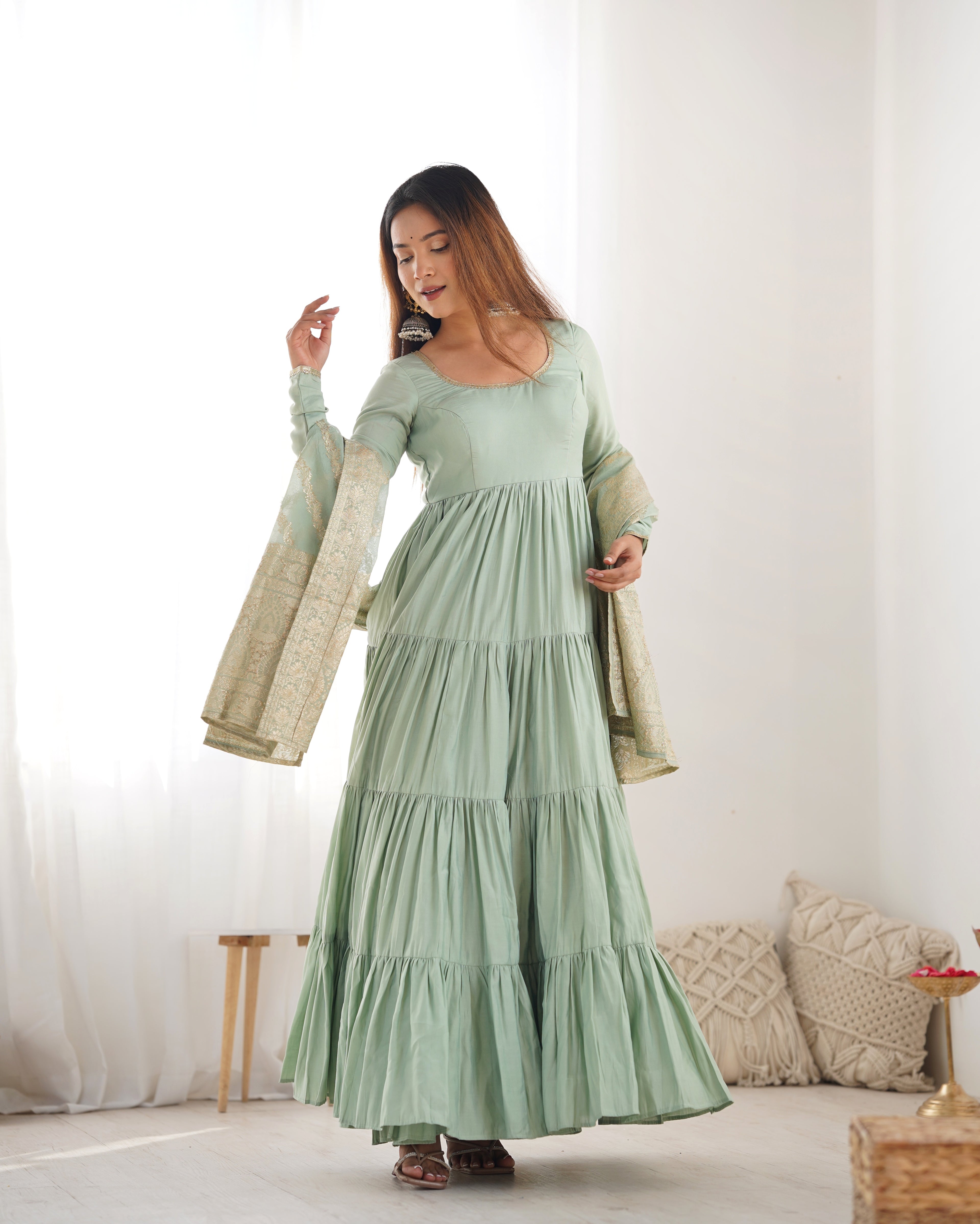 Pure Roman Silk Chanderi Fabric Fully Flared Anarkali Suit With Pent and Dupatta Set - Pista
