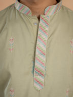 Pista Silk Multi Thread Embroidery Kurta For Ethnic Wear
