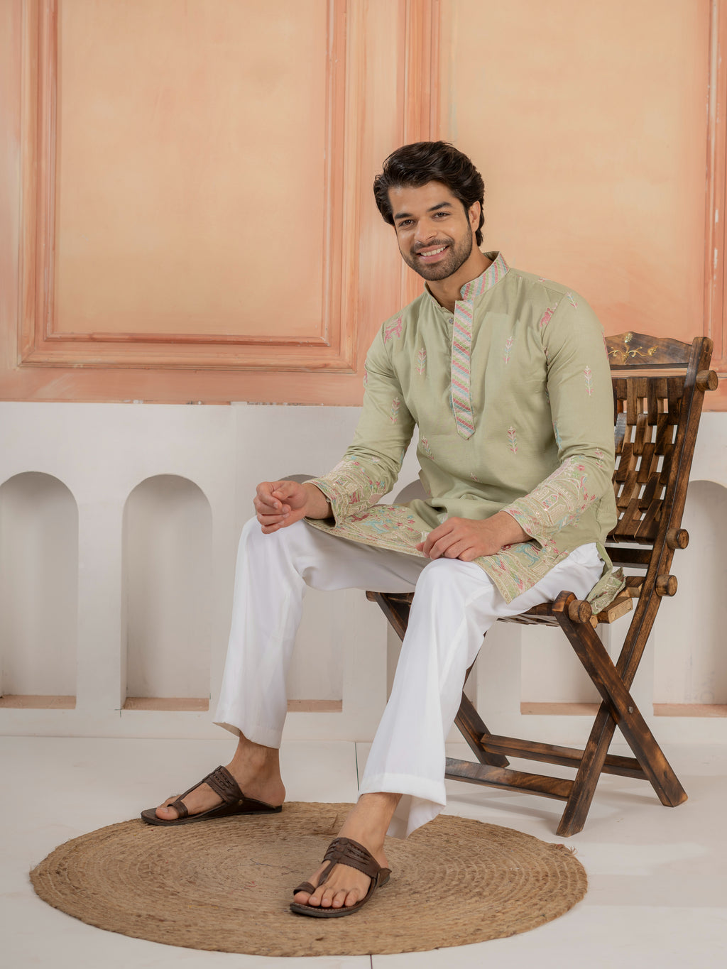 Pista Silk Multi Thread Embroidery Kurta For Ethnic Wear
