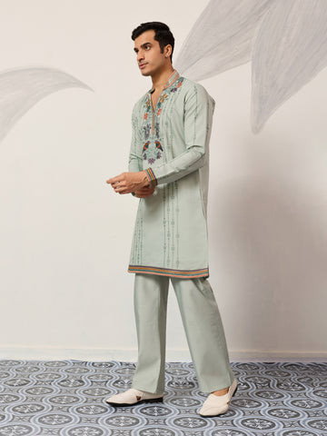 Ethnic Pista V Neck Kurta Pant Set for Mens Wear