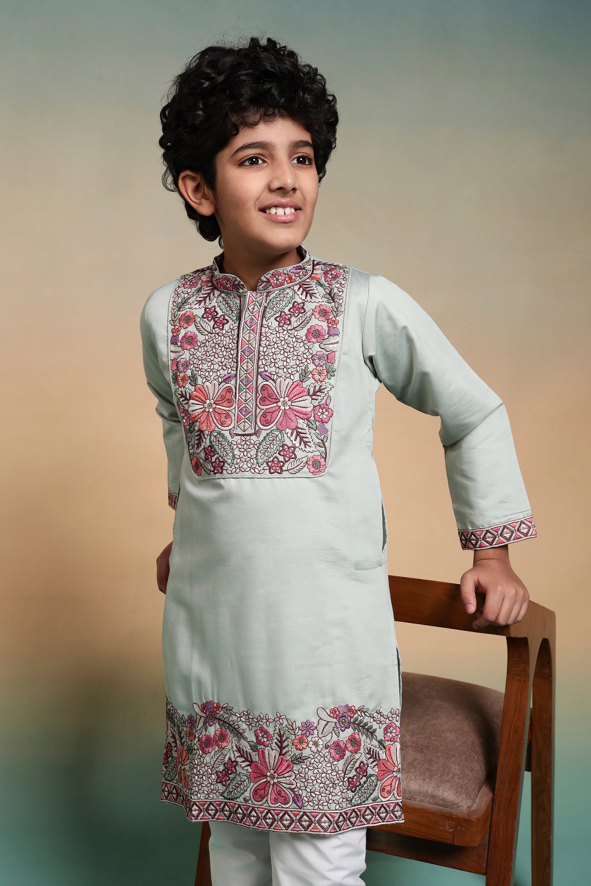 Traditional Pista Embroidered Kurta Pant Set For Boys