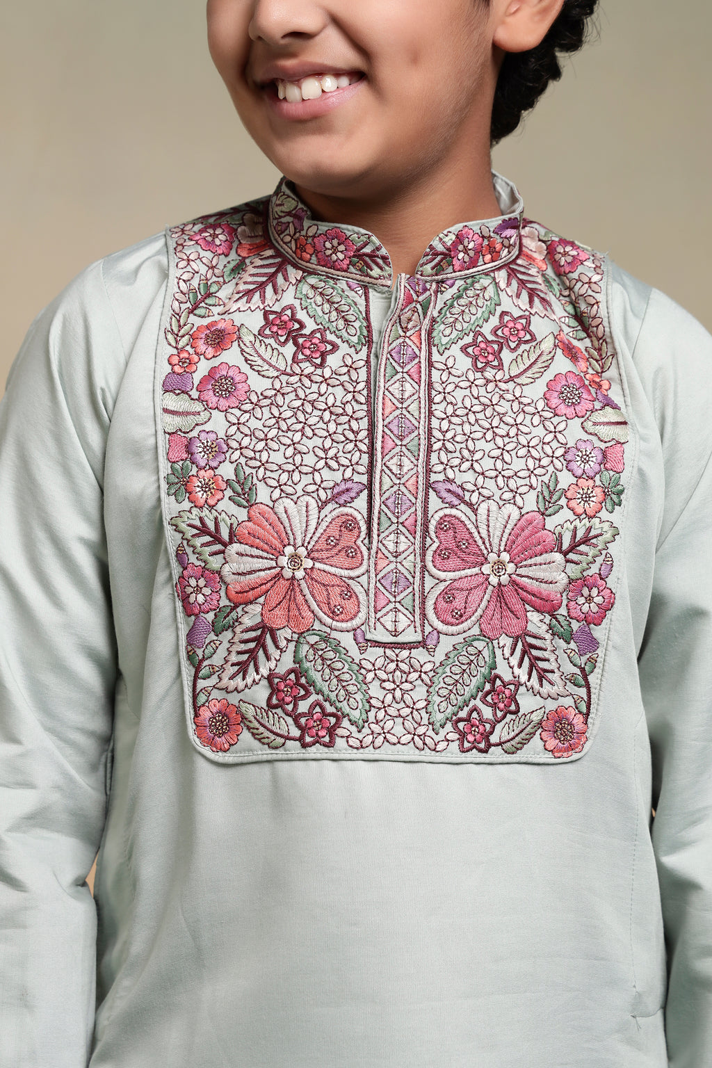 Traditional Pista Embroidered Kurta Pant Set For Boys