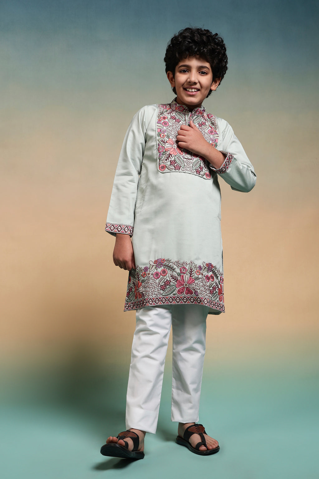Traditional Pista Embroidered Kurta Pant Set For Boys