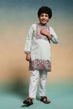 Traditional Pista Embroidered Kurta Pant Set For Boys