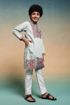 Traditional Pista Embroidered Kurta Pant Set For Boys
