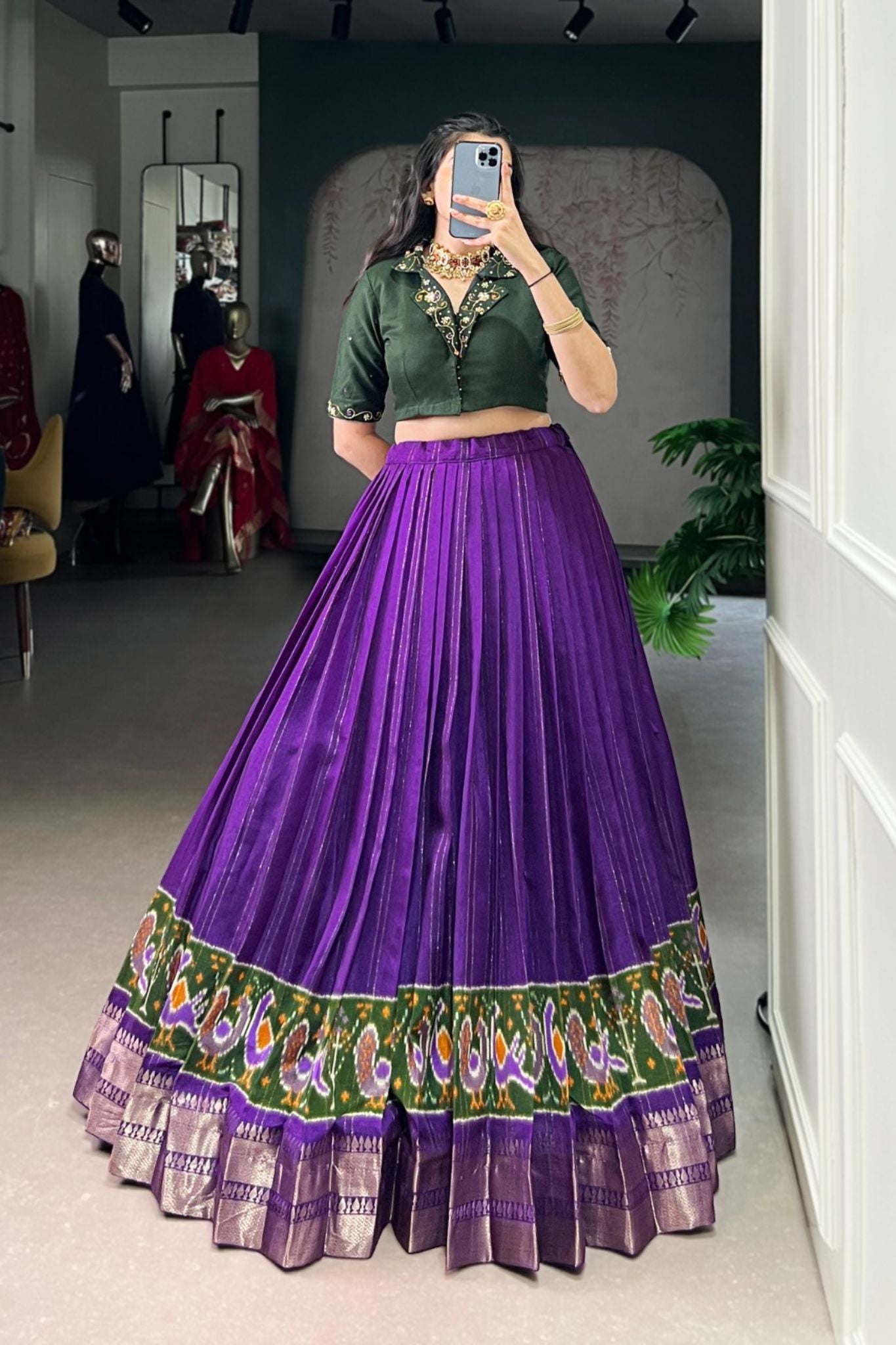 Ready-to-Wear Zari Woven Poly-Cotton Lehenga with Hand-Embroidered Cotton Blouse