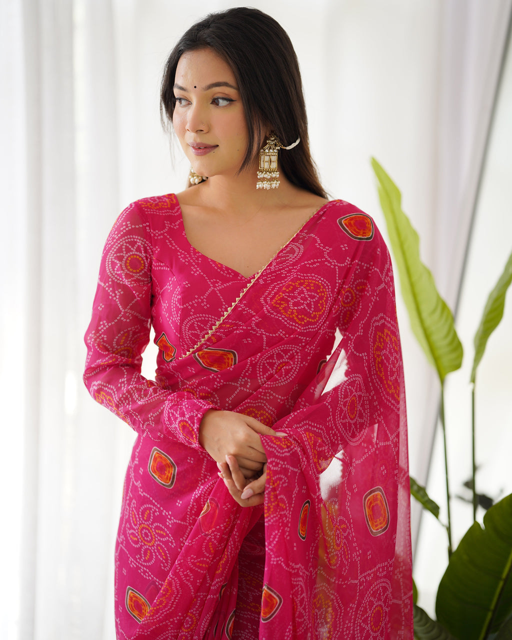 New Ready To Wear Pre Drapped Pure Soft Light Weight Chiffon Saree With Full Stitched Blouse
