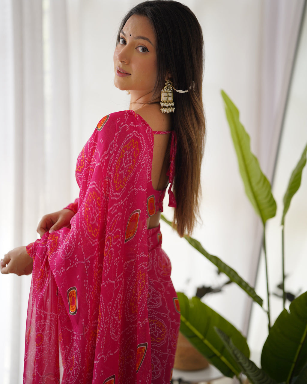 New Ready To Wear Pre Drapped Pure Soft Light Weight Chiffon Saree With Full Stitched Blouse
