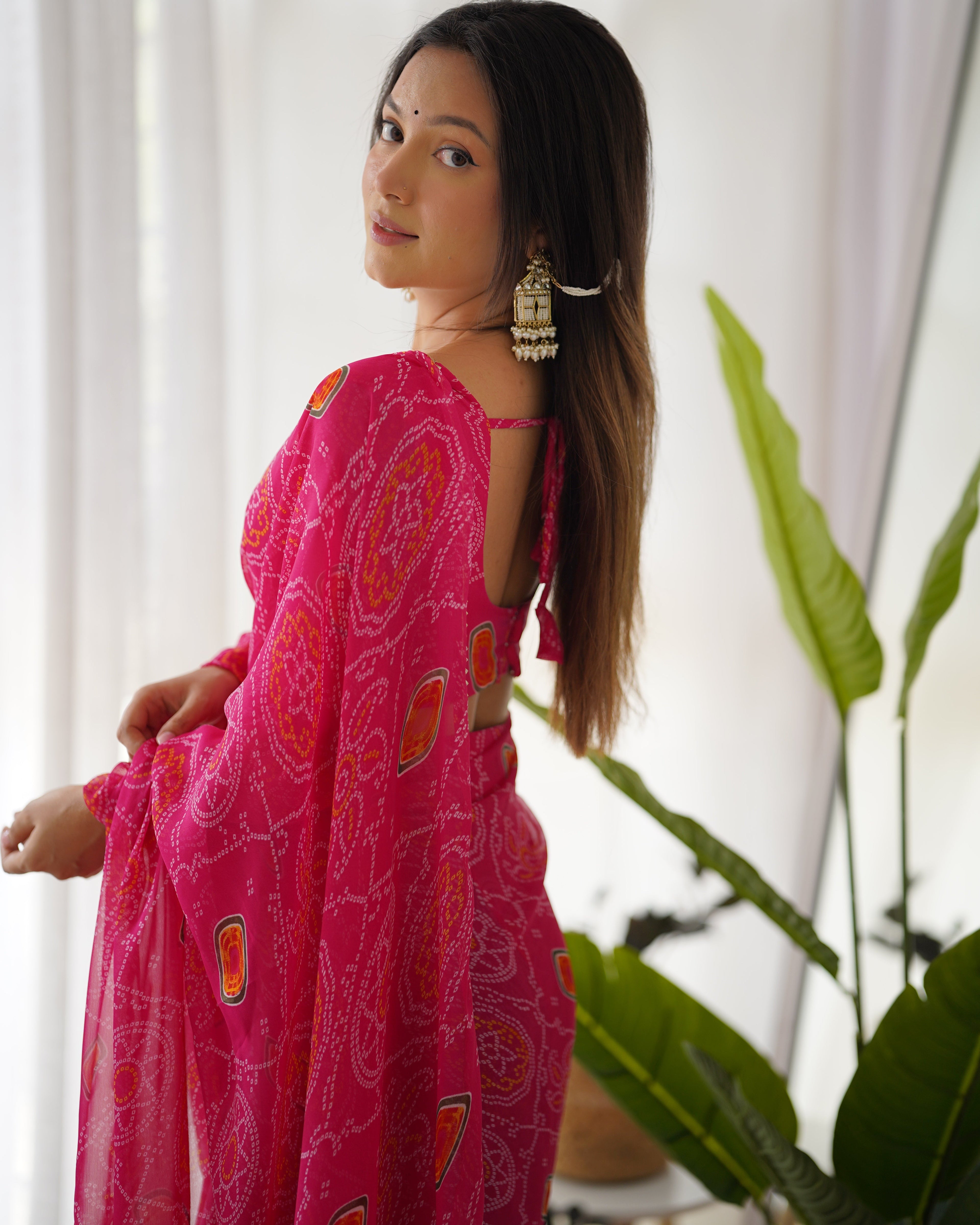 New Ready To Wear Pre Drapped Pure Soft Light Weight Chiffon Saree With Full Stitched Blouse
