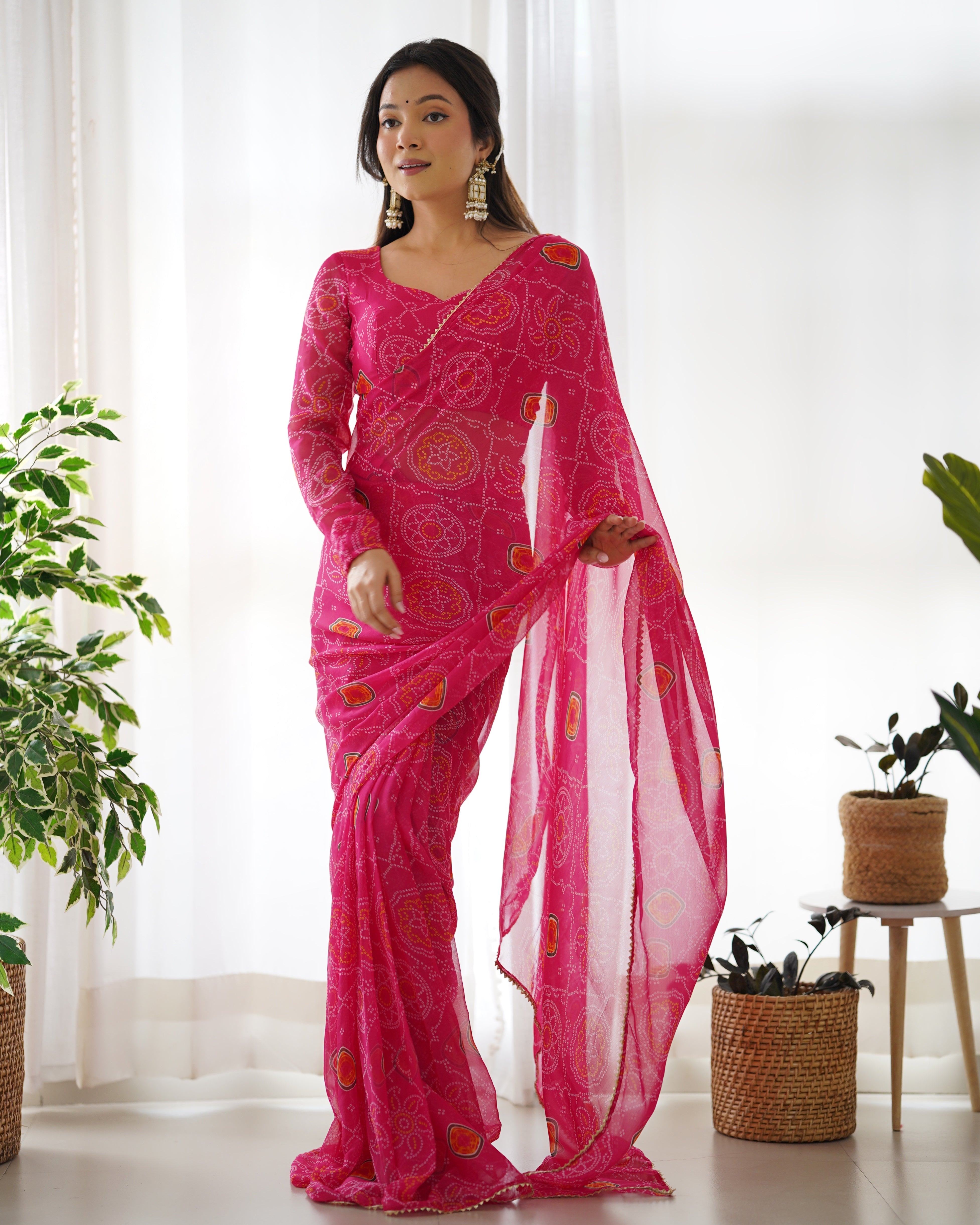 New Ready To Wear Pre Drapped Pure Soft Light Weight Chiffon Saree With Full Stitched Blouse
