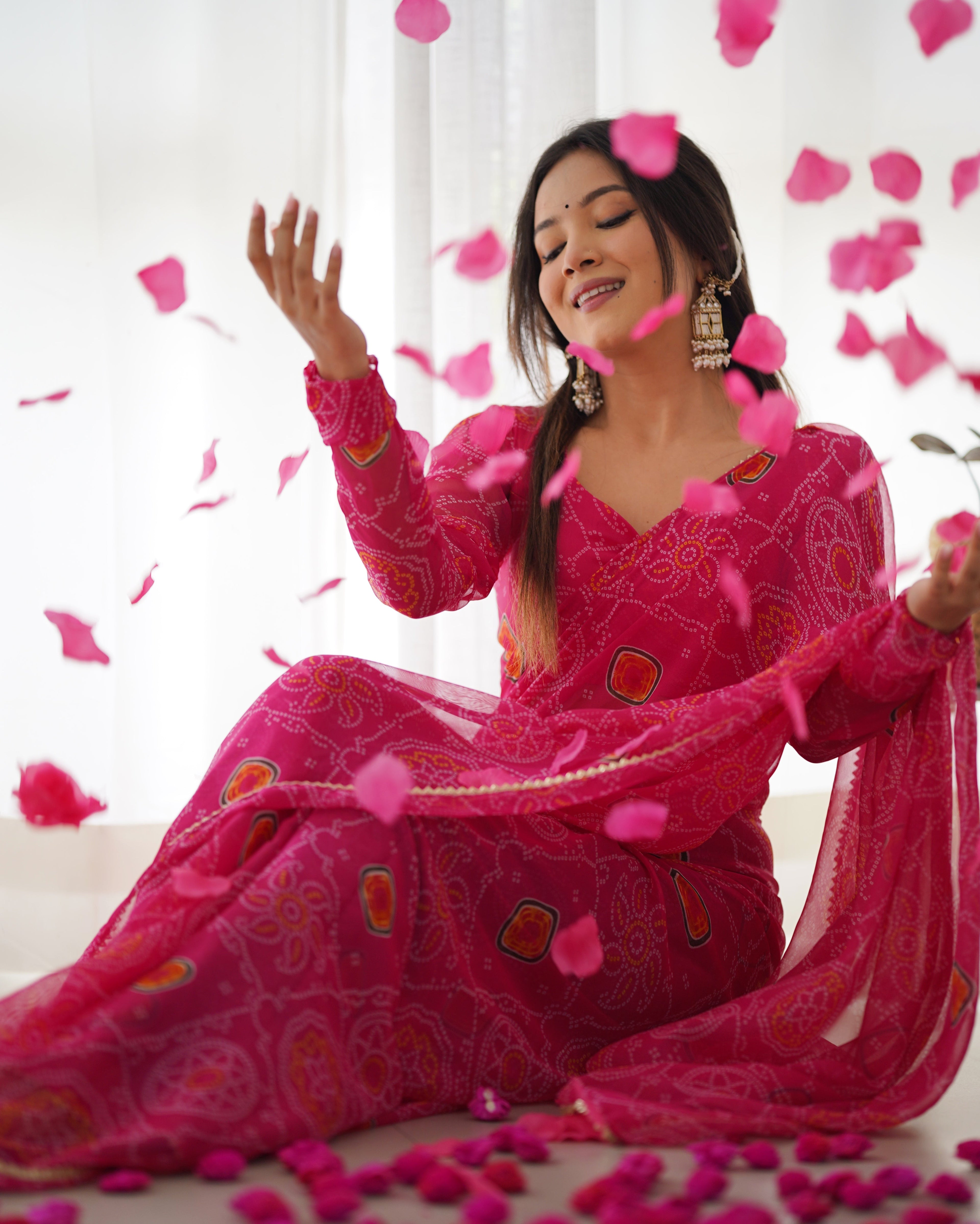 New Ready To Wear Pre Drapped Pure Soft Light Weight Chiffon Saree With Full Stitched Blouse
