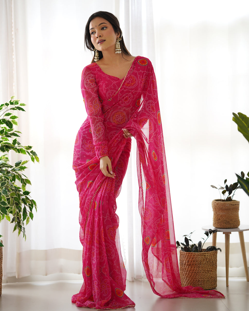 New Ready To Wear Pre Drapped Pure Soft Light Weight Chiffon Saree With Full Stitched Blouse
