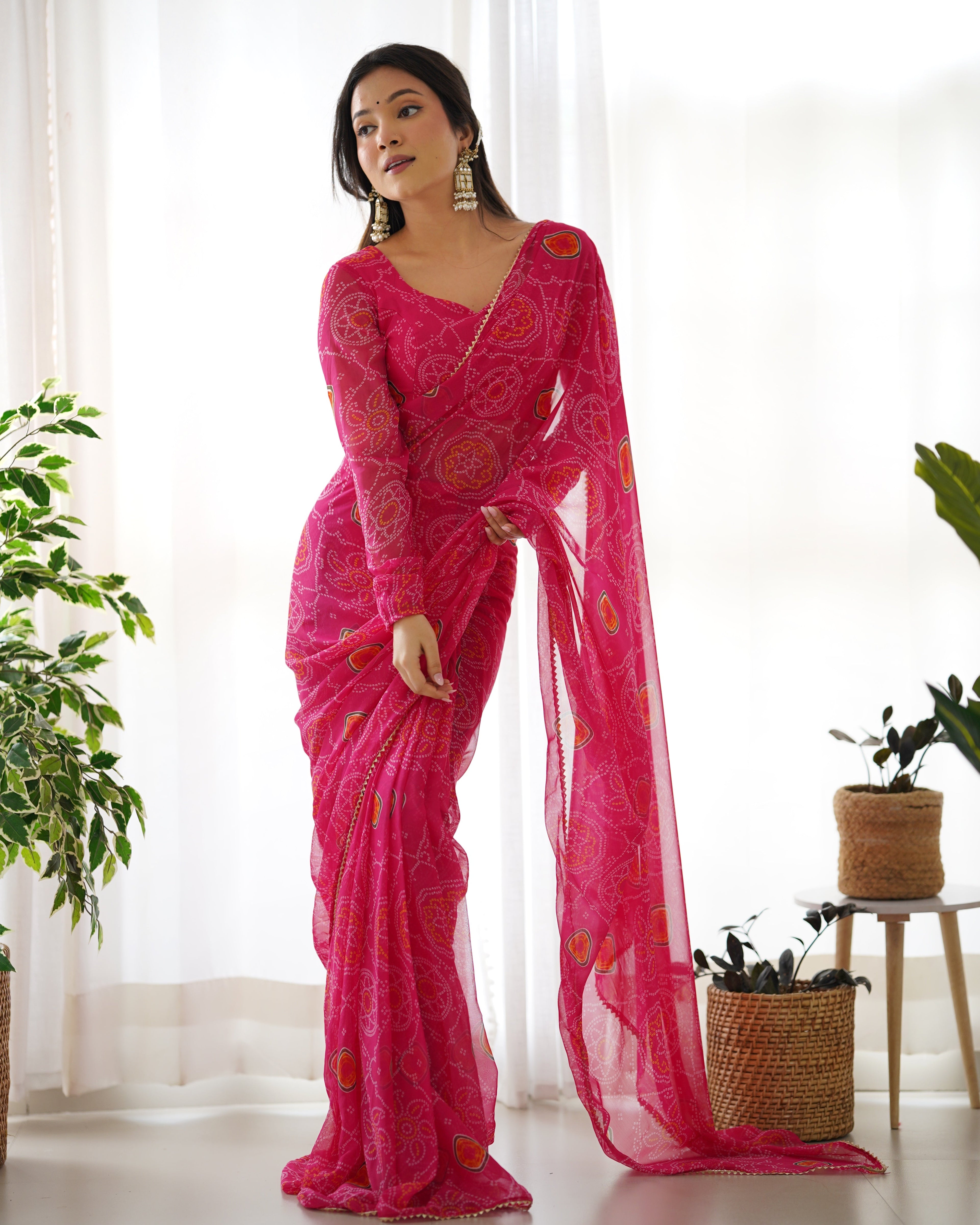 New Ready To Wear Pre Drapped Pure Soft Light Weight Chiffon Saree With Full Stitched Blouse
