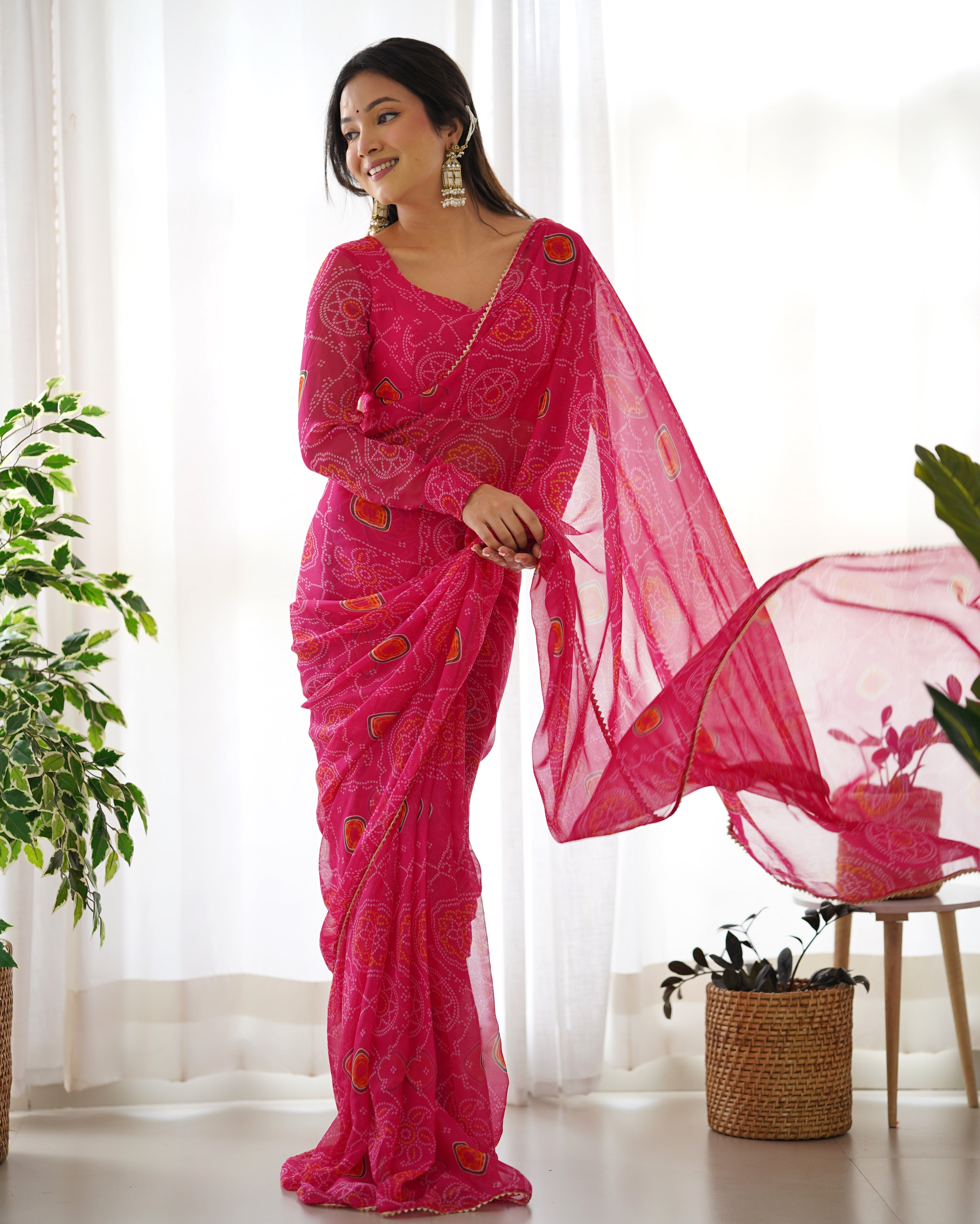 New Ready To Wear Pre Drapped Pure Soft Light Weight Chiffon Saree With Full Stitched Blouse
