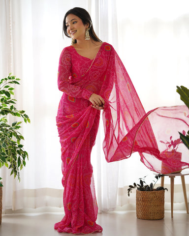 New Ready To Wear Pre Drapped Pure Soft Light Weight Chiffon Saree With Full Stitched Blouse
