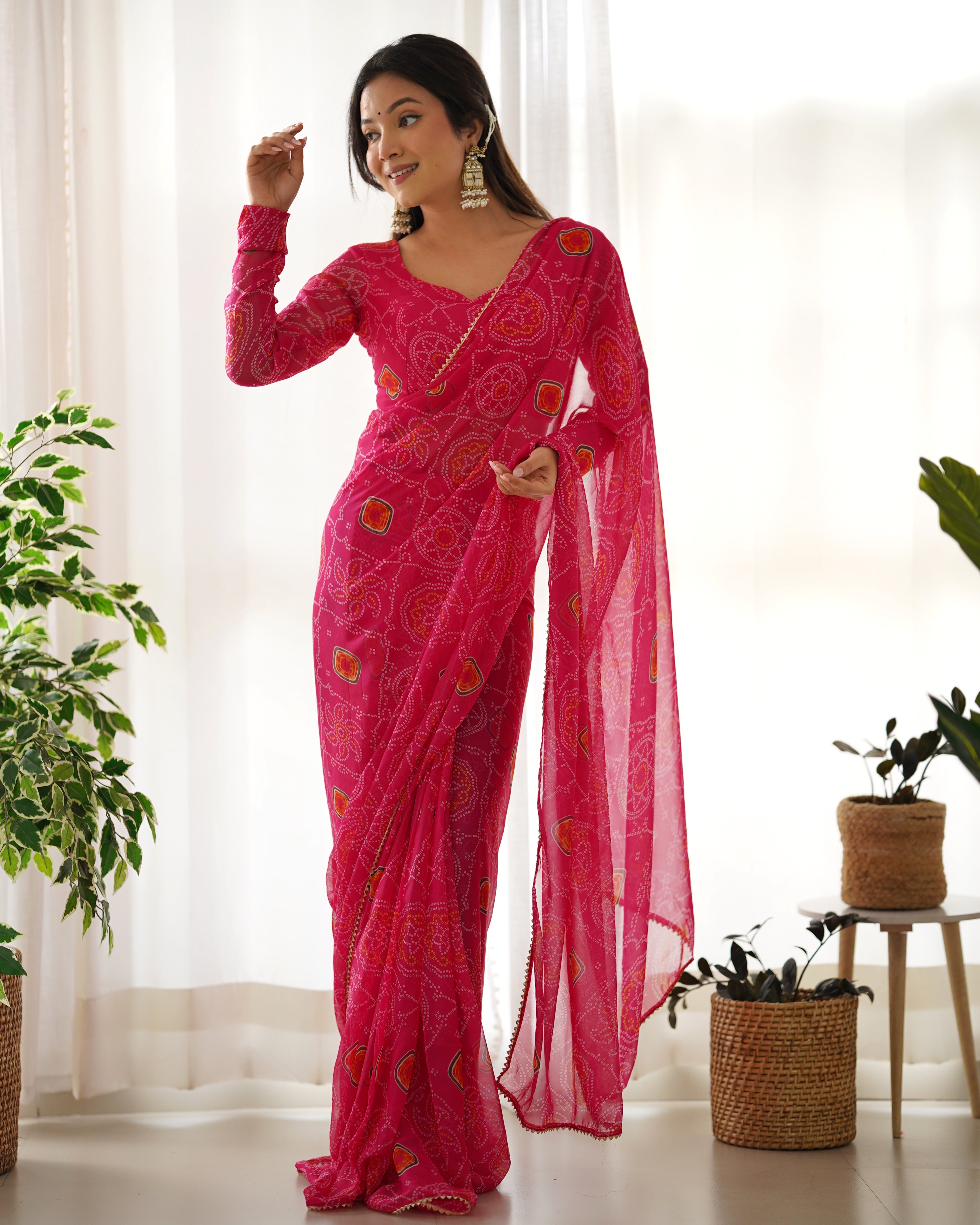 New Ready To Wear Pre Drapped Pure Soft Light Weight Chiffon Saree With Full Stitched Blouse
