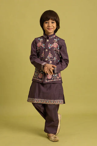 Premium Purple Kids Koti Kurta Pajama Set for Wedding Style