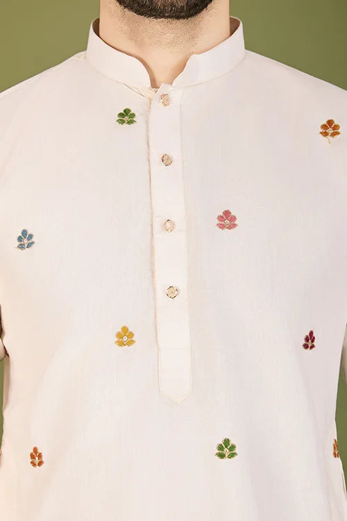 White Color Heavy Embroidered with Cotton Mens Wear Kurta