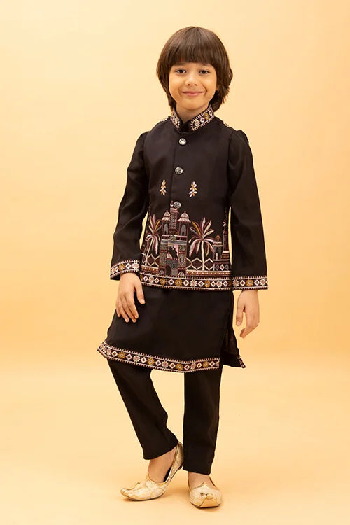 Premium Black Koti Kurta Set for Kids Boys 6-12 Years