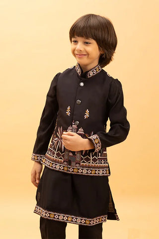 Premium Black Koti Kurta Set for Kids Boys 6-12 Years