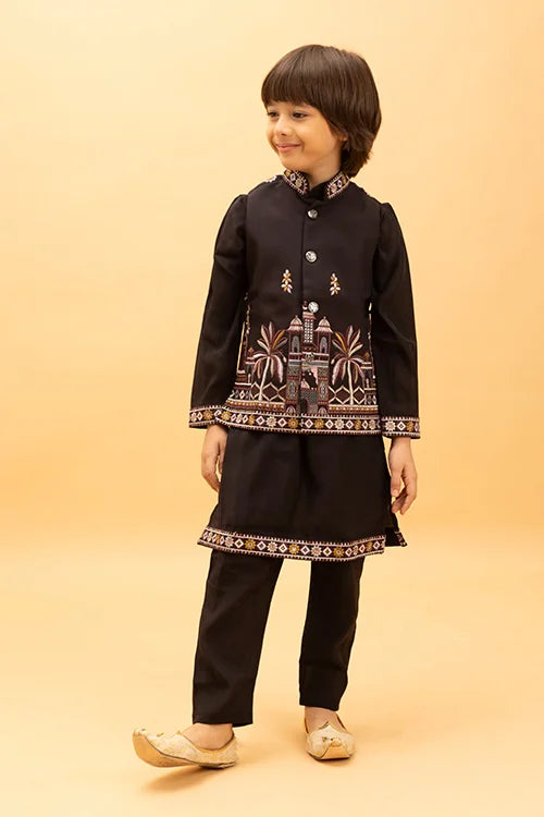 Premium Black Koti Kurta Set for Kids Boys 6-12 Years