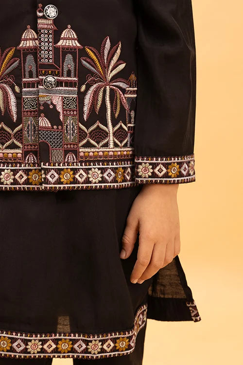 Premium Black Koti Kurta Set for Kids Boys 6-12 Years