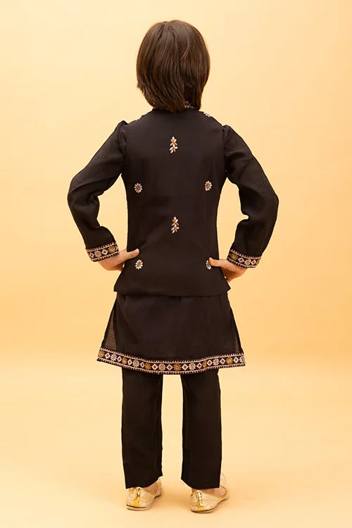 Premium Black Koti Kurta Set for Kids Boys 6-12 Years
