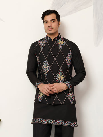 Premium Wedding Black Koti Kurta Pajama for Mens Wear

