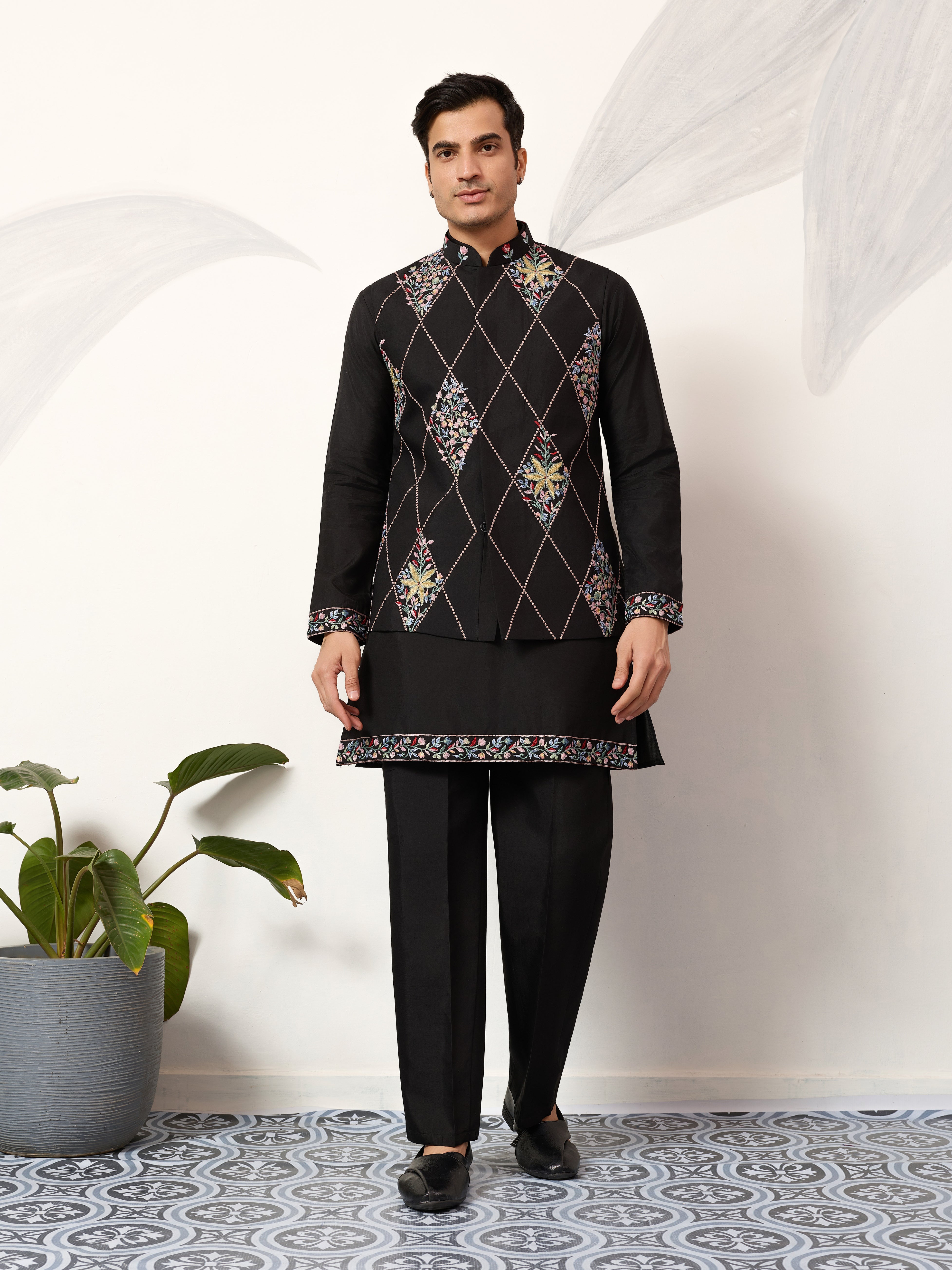 Premium Wedding Black Koti Kurta Pajama for Mens Wear
