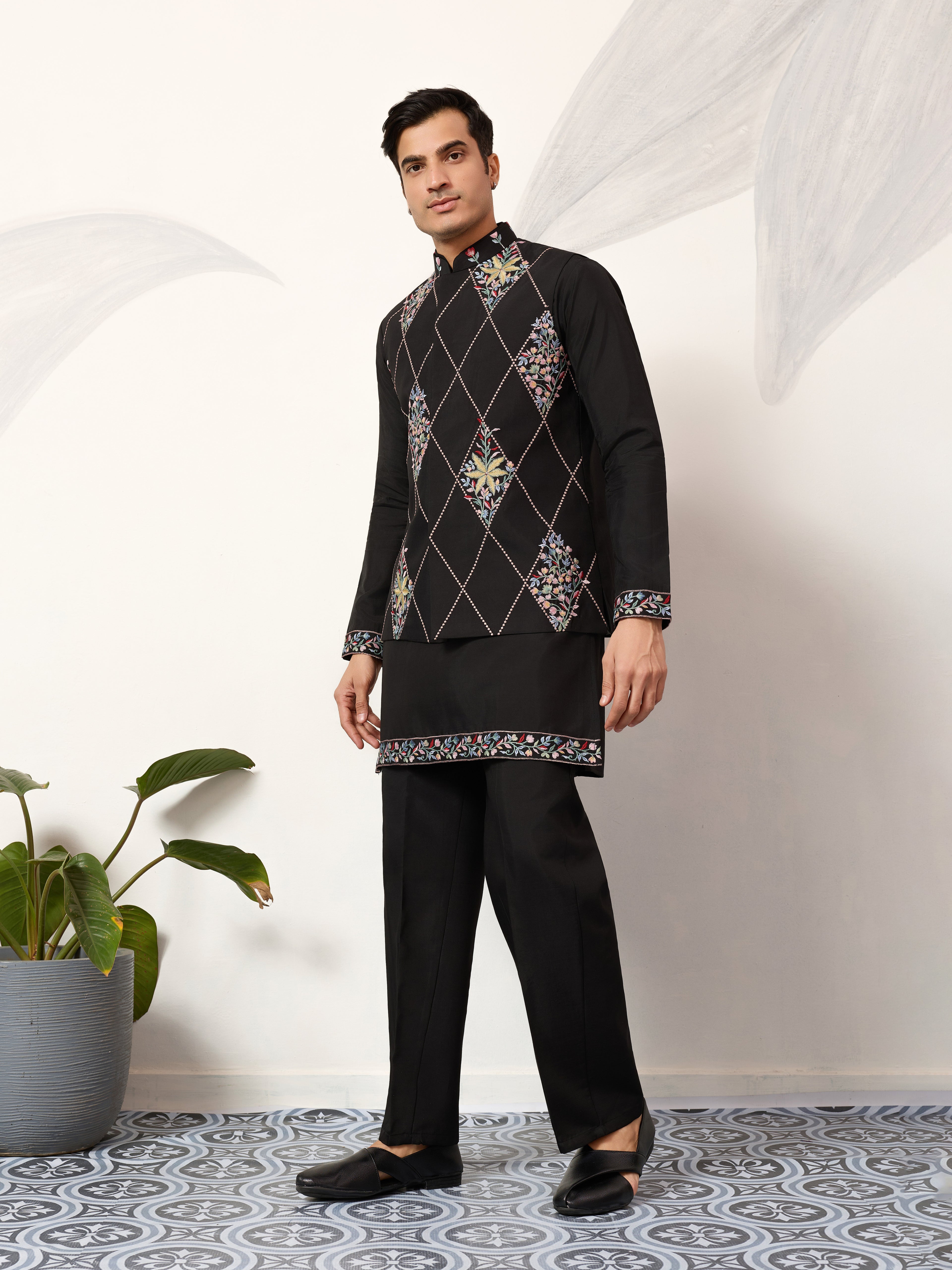 Premium Wedding Black Koti Kurta Pajama for Mens Wear
