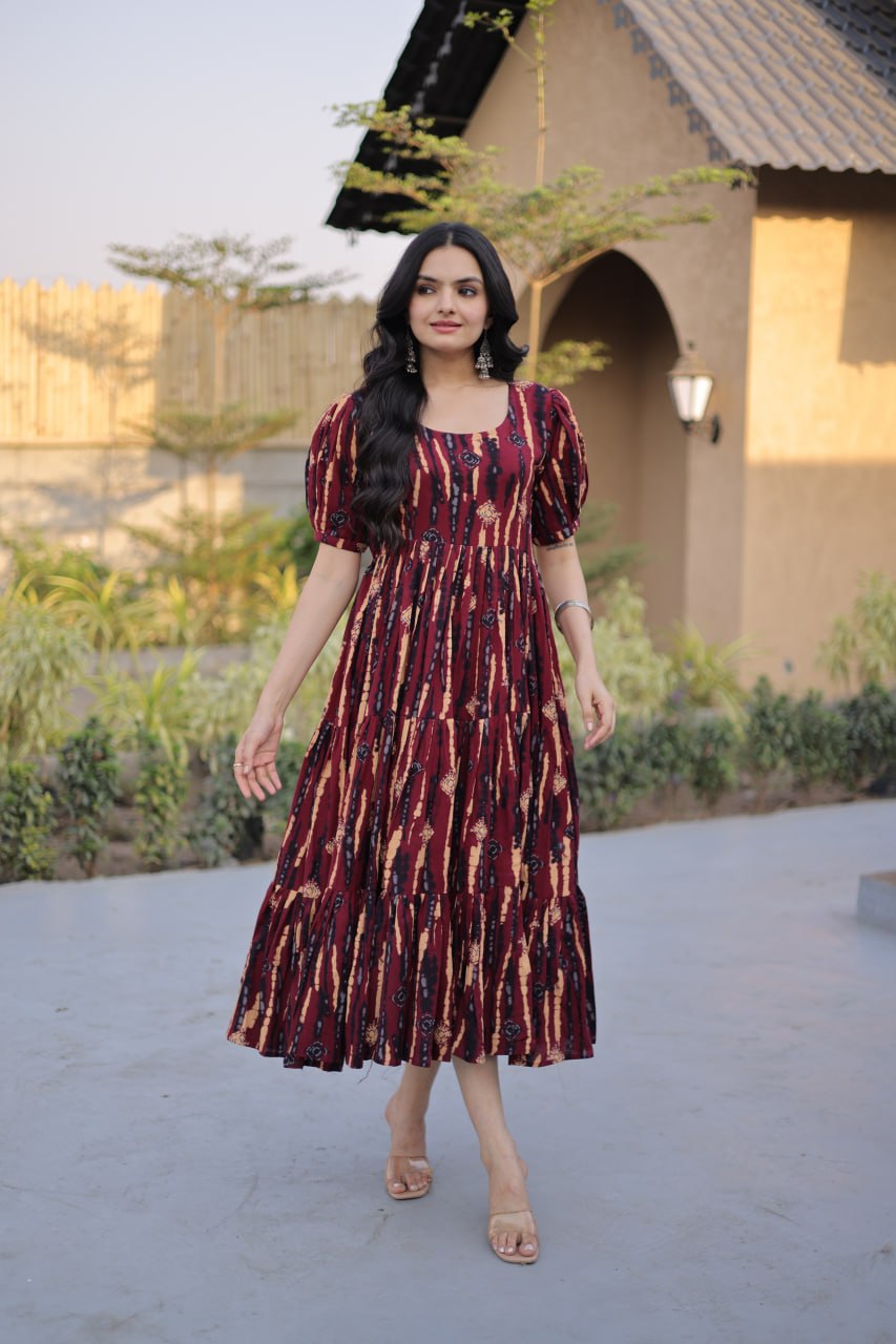 Premium Printed Cotton Flared Kurti with Puff Sleeves for Women
