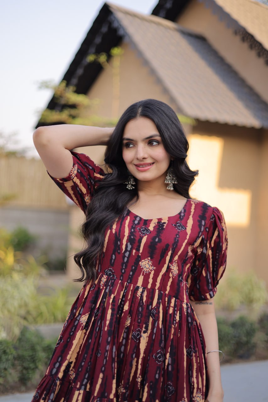 Premium Printed Cotton Flared Kurti with Puff Sleeves for Women
